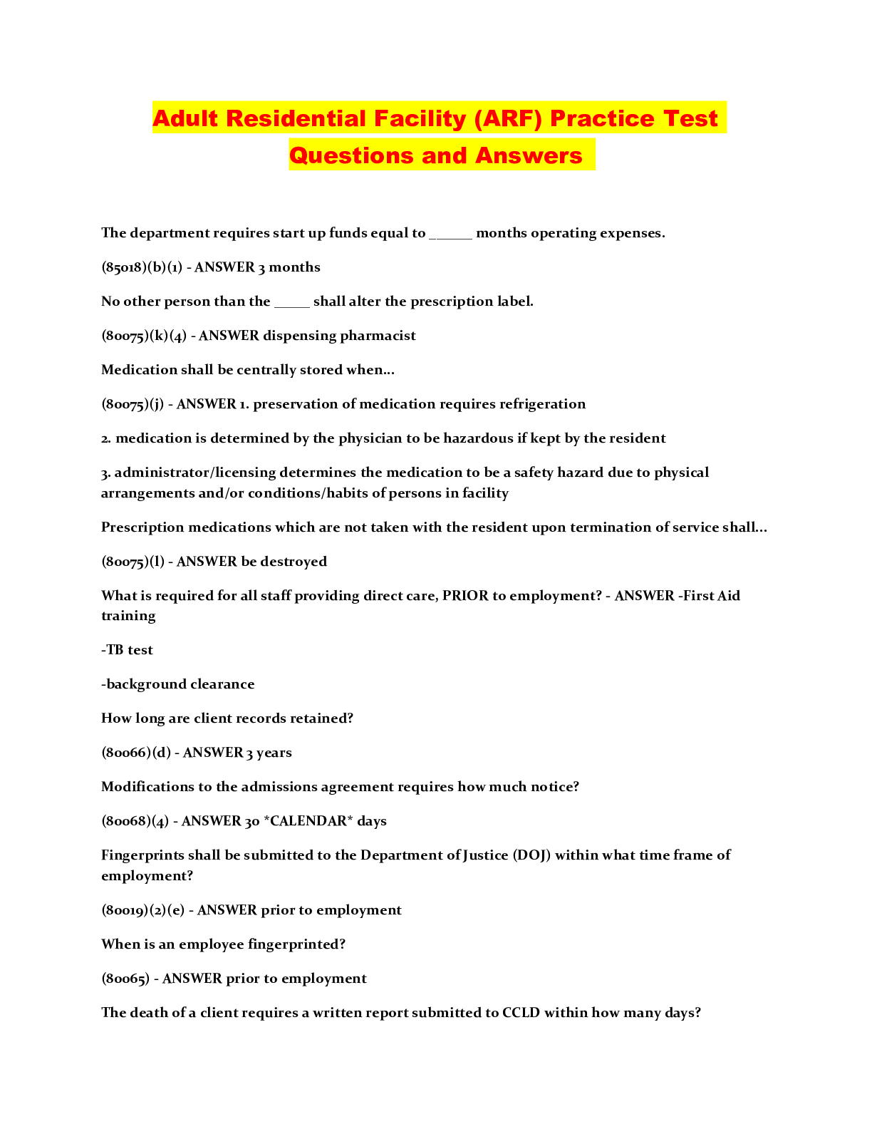 Preview of Adult Residential Facility (ARF) Practice Test Questions and Answers